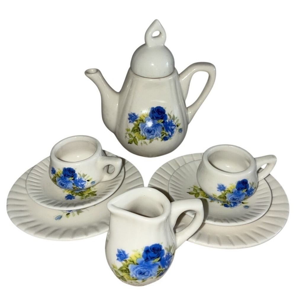Tea Party Play Set Ceramic Floral Tea Pot Creamer Two Cups Saucers Mini 18" Doll